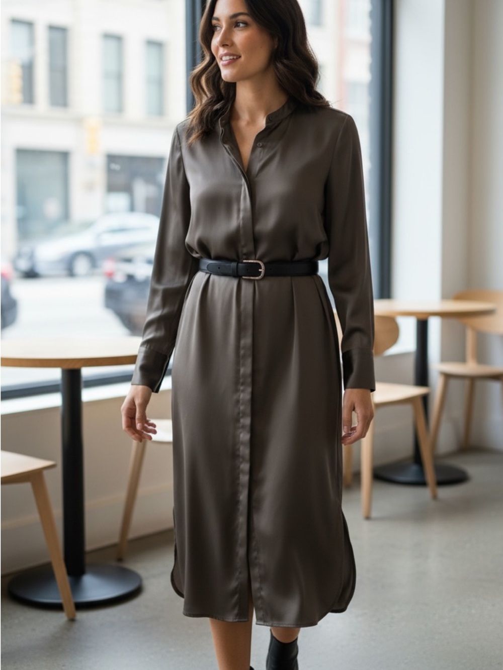 Banana Republic Olive Satin Midi Shirt Dress